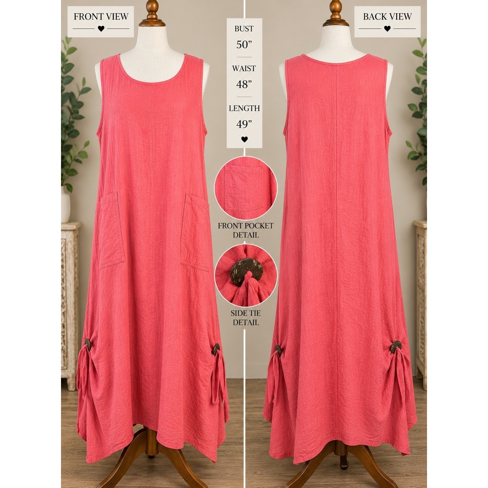 Indigo Soul Womens 2XL Coral Pink Lagenlook Maxi Dress Sleeveless Pockets